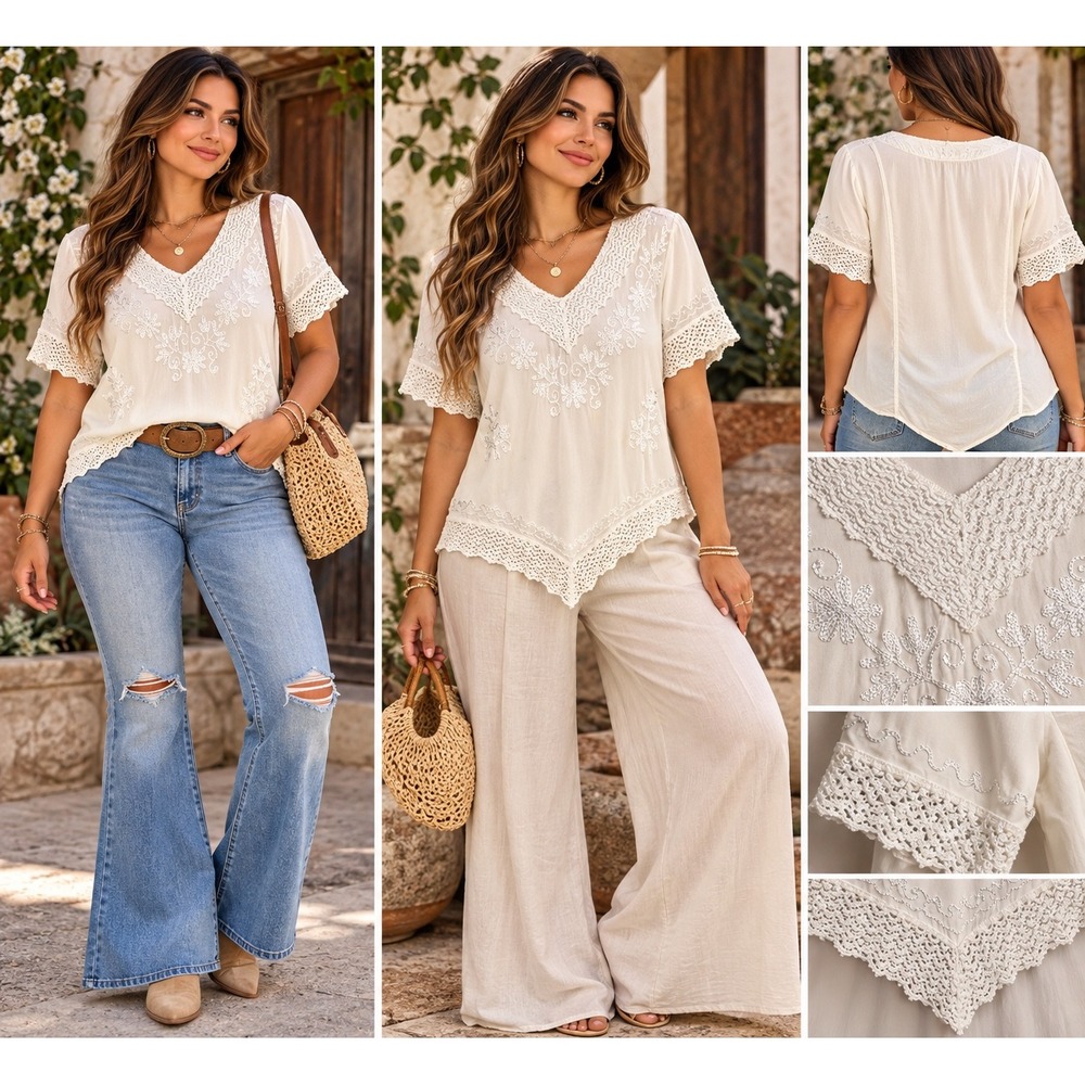 Boho Ivory White Embroidered Crochet Lace V-Neck Sharkbite Hem Blouse Top